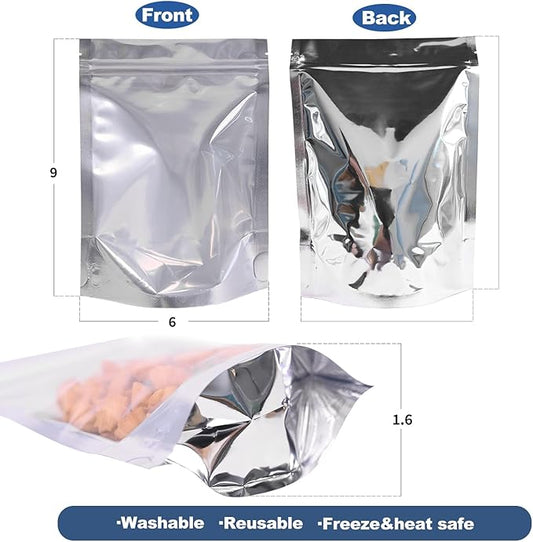 100PCS 6"X9" Clear Front & Aluminum Foil Back Mylar Bags for Food Storage,Smell Proof Stand Up Ziplock Pouch,Resealable Bags for Small Business Packaging Candy Coffee Bean Nuts Cookie