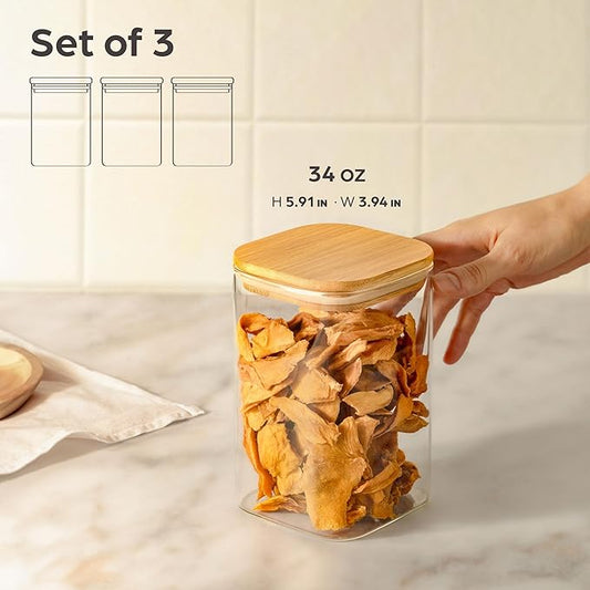 Kitchen Storage Jars 34oz - Set of 3 Bamboo Lid Storage Containers - Square Glass Food Storage Jars - Airtight Glass Pantry Storage
