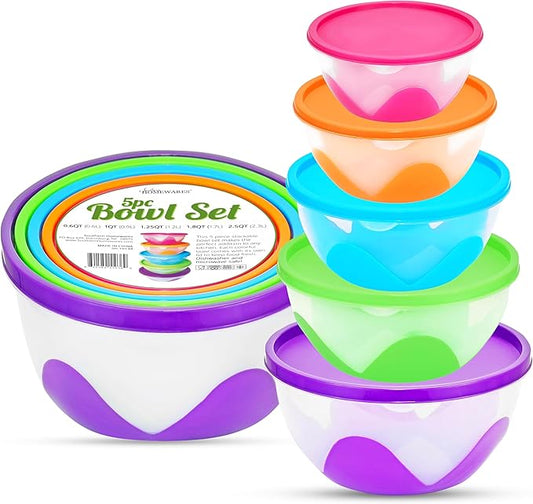 Southern Homewares 5-Piece Plastic Food Storage Containers with Lids – Airtight, BPA-Free, Stackable Silicone Containers in Multiple Sizes and Colors, Easy to Clean