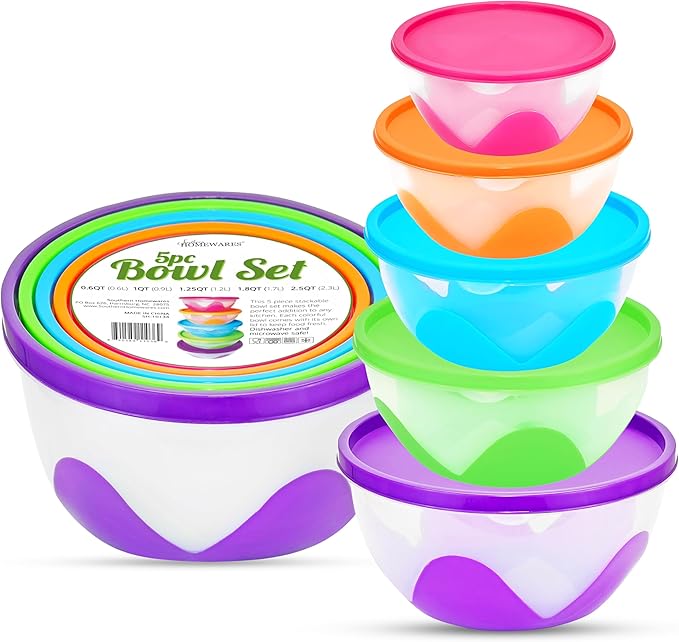 Southern Homewares 5-Piece Plastic Food Storage Containers with Lids – Airtight, BPA-Free, Stackable Silicone Containers in Multiple Sizes and Colors, Easy to Clean