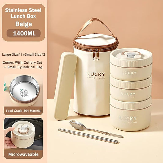 Stainless Steel Lunch Box, 3-Tier Insulated Bento Box Microwave Safe Soup Bowl for Adults, Thermal Food Container for Office Workers (Beige, 3pcs + Tableware + Insulated Bag)