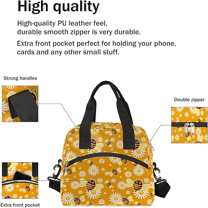 Pardick Yellow Bee Insulated Lunch Bag, Cute Flower Daisy Box with Shoulder Strap, Reusable Large Container for School, Office, Travel, Picnic, Beach, Outdoor Use