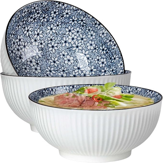 QINLANG Large Soup Bowls, Pho & Ramen Set of 3, 60 oz Blue & White Porcelain - Floral Pattern
