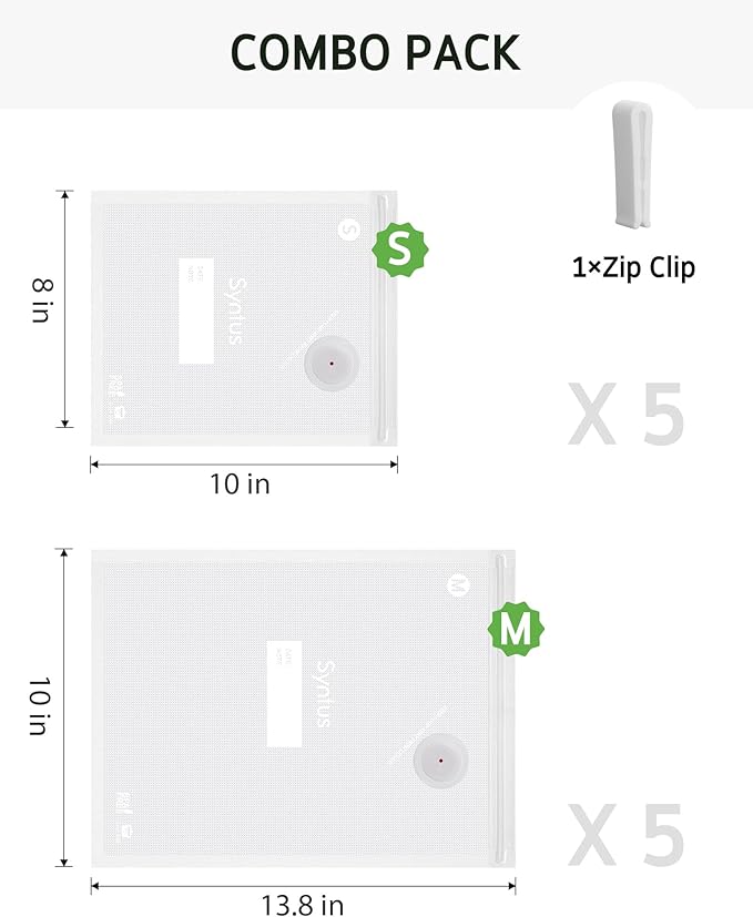 [2025 Upgraded] Syntus Vacuum Sealer Bags for Food, 10 Pcs Small Size 8" x 10" and Medium Size 10" x 13.8" Food Storage Bags for Sous Vide Cooking Microwave Heating, Air Valve Zipper Bags & Zip Clips