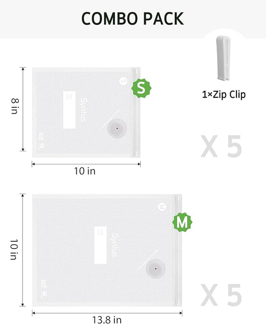 [2025 Upgraded] Syntus Vacuum Sealer Bags for Food, 10 Pcs Small Size 8" x 10" and Medium Size 10" x 13.8" Food Storage Bags for Sous Vide Cooking Microwave Heating, Air Valve Zipper Bags & Zip Clips