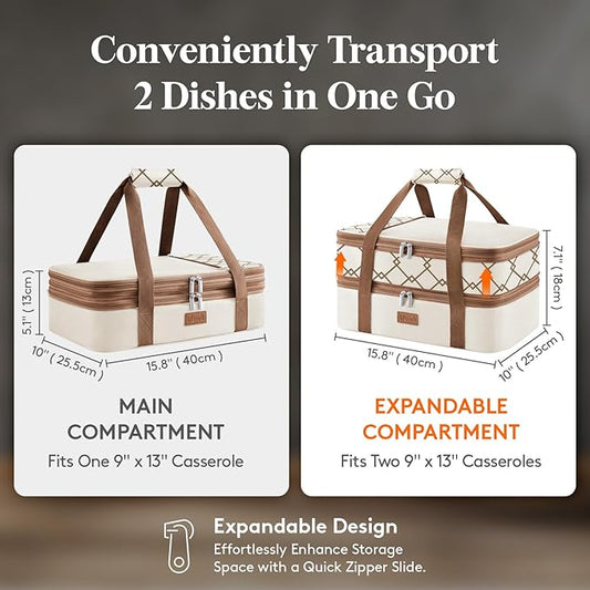 Lifewit Expandable Insulated Casserole Carrier for Hot or Cold Food, Double Decker Food Bag Lasagna Holder Carry Tote for Potluck Parties/Picnic/Cookouts, Fits 9"x13" Baking Dish, Cream-Geometric