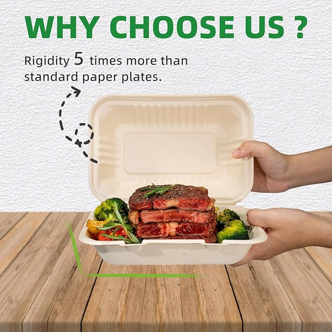 125-Pack 9x6 Inch Compostable Clamshell Take Out Food Containers,Disposable Heavy-Duty To Go Containers with Hinged Lid, Eco-Friendly Biodegradable Bagasse Take Out Food Boxes(Brown)
