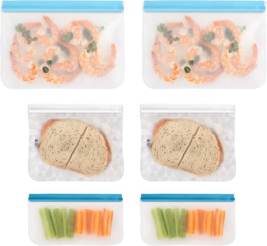 OGGI Reusable Food Storage Bags - Set 6 - Ideal for Lunch, Freezer, Sandwiches, Snack Bags, Storage Bags, Snack Bag for Travel - Food-Grade BPA-Free - (2) 11x8" / (2) 8.5x7" / (2) 8.5x5"