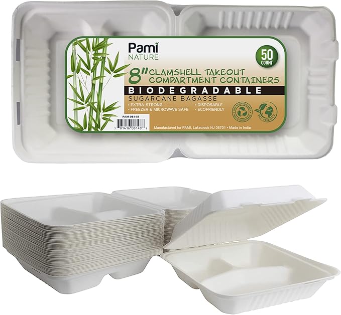 PAMI 100% Compostable [8''X8 50-Pack] Clamshell Take Out Food Containers Heavy-Duty Quality to go Containers, Natural Disposable Bagasse, Eco-Friendly Biodegradable Made of Sugar Cane Fibers