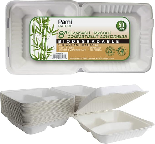 PAMI 100% Compostable [8''X8 50-Pack] Clamshell Take Out Food Containers Heavy-Duty Quality to go Containers, Natural Disposable Bagasse, Eco-Friendly Biodegradable Made of Sugar Cane Fibers