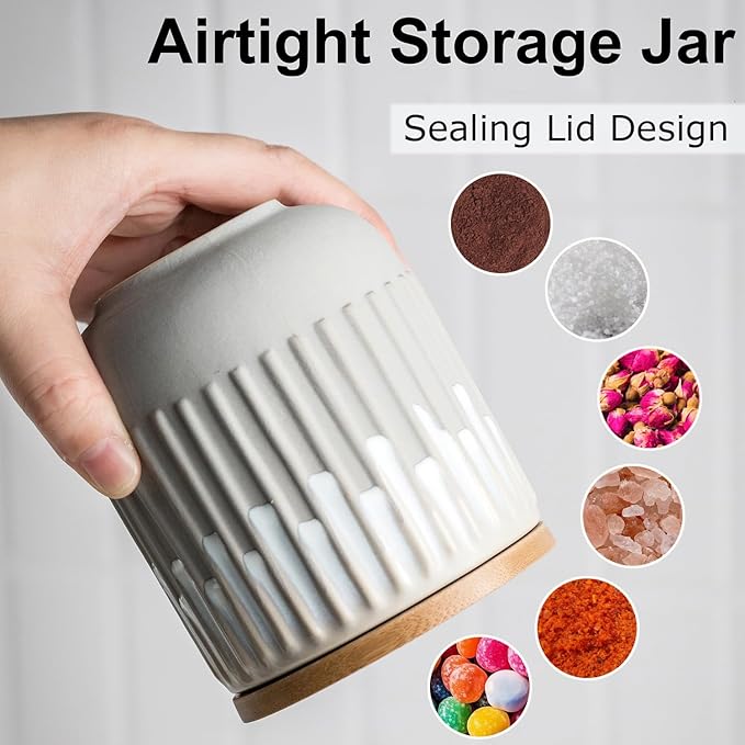 Kitchen Decorative Canisters Ceramic Food Storage Jars, Stackable Spice Jars with Airtight Lid, Wide Mouth Sugar Containers, Small Canisters for Snacks, Ground Coffee, Tea, Honey, Salt - 14 Oz