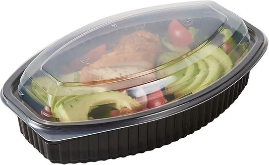 RW Base 28 Ounce Meal Prep Containers, 50 Microwavable To Go Containers With Lids - Disposable, Freezable, Black Plastic Oval Food Containers, Pack Hot And Cold Food, For Takeaway - Restaurantware