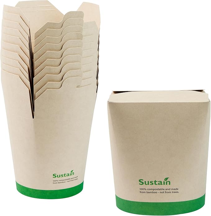 Restaurantware Sustain 32 Ounce Sturdy Paper Take Out Boxes, 50 Disposable Take Out Food Containers - With PLA lining, Compostable, Bamboo Paper Containers, Built-In Tab-Lock Cover, Greaseproof