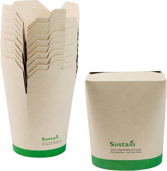 Restaurantware Sustain 32 Ounce Sturdy Paper Take Out Boxes, 200 Disposable Take Out Food Containers - With PLA lining, Compostable, Bamboo Paper Containers, Built-In Tab-Lock Cover, Greaseproof