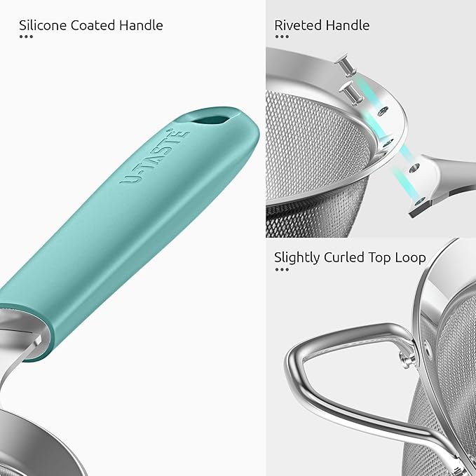 U-Taste 18/8 Stainless Steel 3.9in Small Fine Mesh Strainer with Sturdy Handle and Frame, and 18/8 Stainless Steel Square Measuring Spoons Set of 8 (Aqua Sky+Silver)