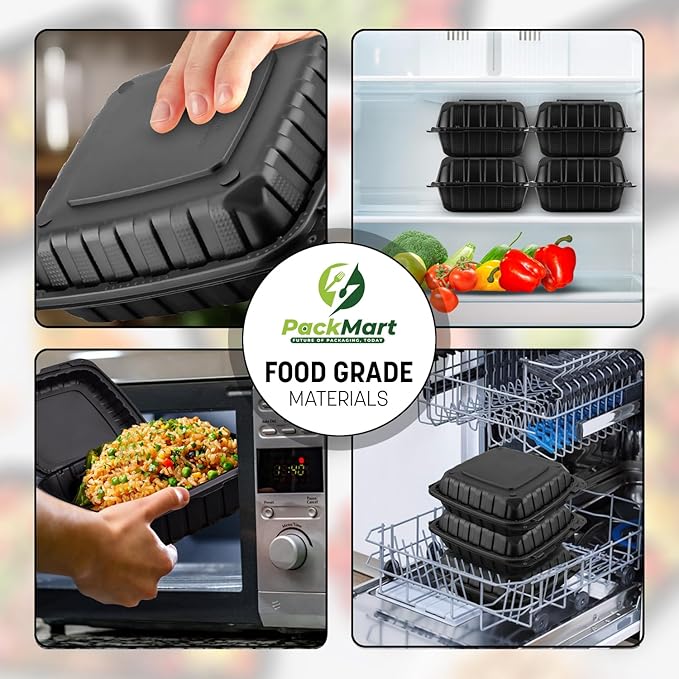 8X8X3 50-Pack Plastic Clamshell Takeout Food Trays Heavy Duty Disposable Box For Pasta Salad Sandwich Carryout Meal Prep Packaging Catering Hinged Containers With Secure Snap Lid - Black
