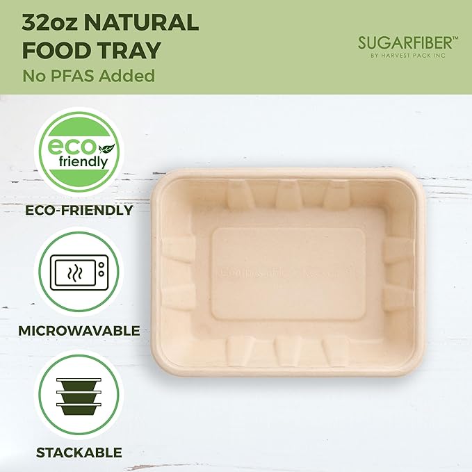 [100 COUNT]Harvest Pack 32 oz PFAS FREE Disposable Food Trays with Dome Lids, Compostable Food Container Bagasse Serving Trays, Rectangle, Made from Sugarcane Eco-Friendly Plant Fibers