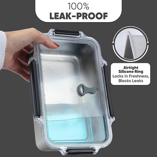 Bliss - Modern Leak proof Stainless Steel Lunch Box for Adults I Microwave safe | Metal Bento Box with 3 Compartments, Stainless steel Lunch Container, Metal Food Storage| Salad container
