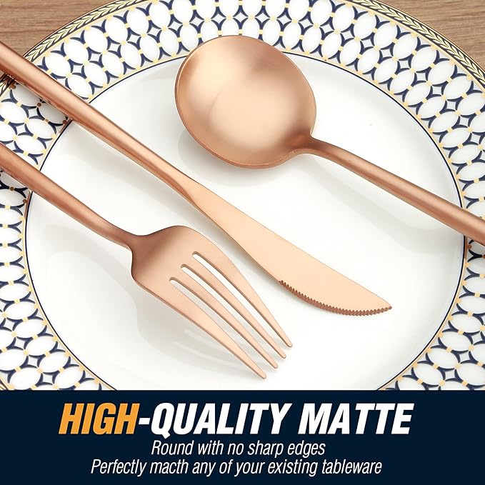 Matte Rose Gold Silverware Set, 20 Piece Stainless Steel Flatware Set Service for 4, Matte Rose Gold Cutlery Set, Include Knives/Forks/Spoons, Dishwasher Safe