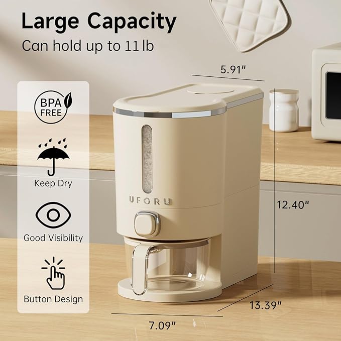 Rice Dispenser, Rice Storage Container with Measuring Cup for Kitchen Pantry Household, Cereal Dry Food Storage Containers Airtight, Sealed Moisture Proof, 11 Lbs