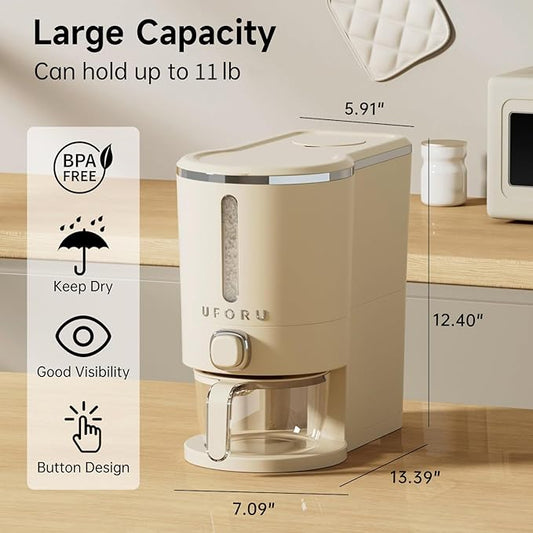 Rice Dispenser, Rice Storage Container with Measuring Cup for Kitchen Pantry Household, Cereal Dry Food Storage Containers Airtight, Sealed Moisture Proof, 11 Lbs