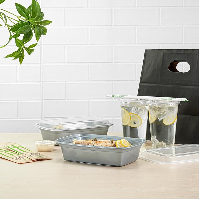 Restaurantware Asporto 38 Ounce Take Out Containers, 100 Food Containers With Lids - Microwavable, Disposable, Silver Plastic To Go Food Containers, No BPA, For Take Out And Delivery