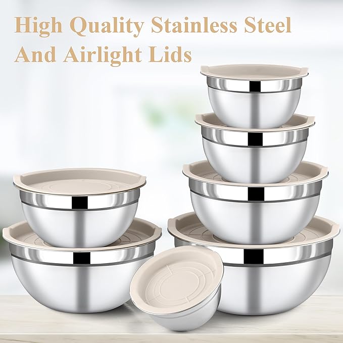Mixing Bowls with Lids Set, 7 Piece Khaki Nesting Stainless Steel Mixing Bowls for Kitchen, Sizes 4.5, 4, 3.5, 2.1, 1.5, 1.1, 0.7 Qt for Baking, Cooking and Serving, Dishwasher Safe
