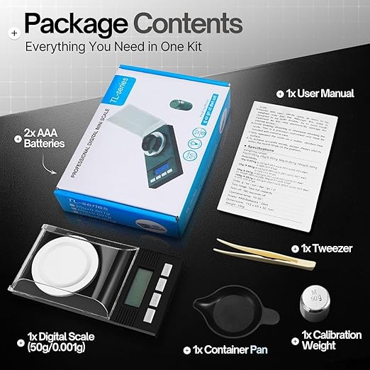 Flexzion Digital Milligram Scale Kit - 50g/0.001g, High Precision Micro Scale, Jewelry Scale, Powder Scale, Reloading Scale, Mg Scale for Weighing Powders & Medicine, Includes 50g Calibration Weight