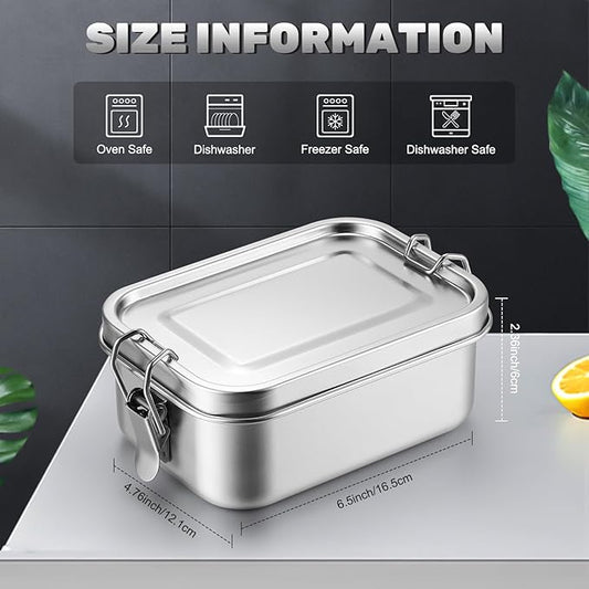 Umigy 1 Pcs Stainless Steel Food Containers Metal Bento Lunch Box Stainless Steel Food Storage Containers, Lockable Clips to Leak Proof, Reusable Dishwasher Snack Boxes for Work, Picnic (850ml)