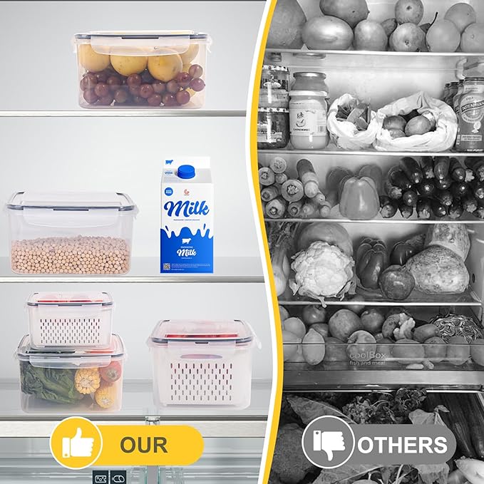 15 PCS Fruit Storage Containers for Fridge with 5 Airtight Lids,5 Removable Colander,5 Food Storage Container,Produce Saver Container Dishwasher Safe Keep Berry Fruit Vegetable Fresh Longer