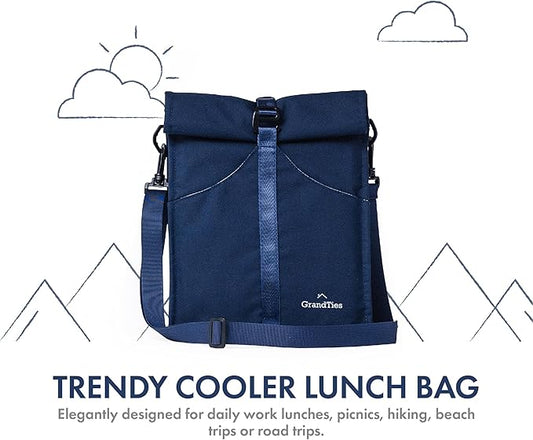 GRANDTIES Insulated Lunch Bag for Women, Men, Adult - Rolltop Leak Proof Meal Prep Lunch Box Containers, Reusable Snack Bags, Travel Cooler, Small Soft Cooler Bag, Fold Top Sandwich Bags, Blue