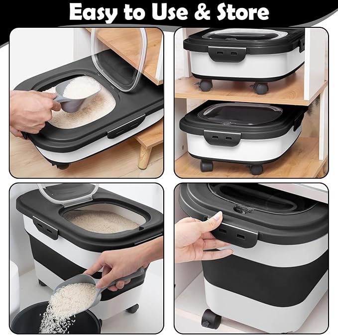 Rice Storage Container, 20Lbs Flour Container, Airtight Large Pet Dog Cat Food Storage Dispenser Bin with Wheels, Scoop & Measuring Cup, Collapsible Kitchen Dry Food Holder for Rice Cereal Kibble