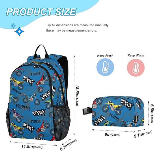 Emelivor Motorcycles Kids Backpack for Girls Boys School Bookbag with Insulated Lunch Box for Hight Middle School Book Bag