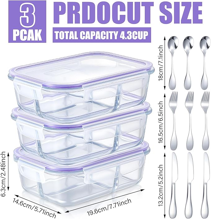 12 Pcs 35 oz Glass Portion Control Containers with 3 Set Knives Forks Spoons Food Storage Containers with Lids 3 Compartment Airtight Lunch Bento Boxes for Adults Diet Balanced Eating