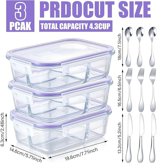 12 Pcs 35 oz Glass Portion Control Containers with 3 Set Knives Forks Spoons Food Storage Containers with Lids 3 Compartment Airtight Lunch Bento Boxes for Adults Diet Balanced Eating