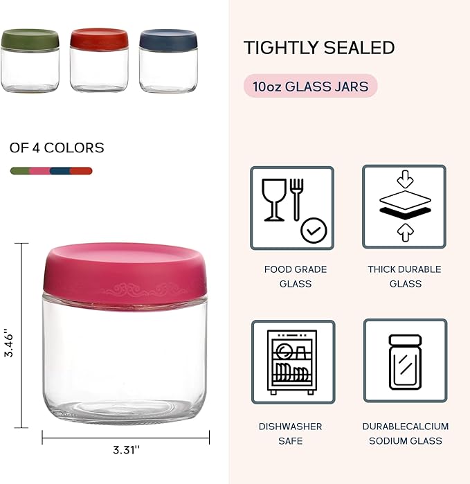 10 OZ Glass Food Jar Storage Containers with Airtight Lids, Reusable Wide Mouth Overnight Oats Glass Mason Jars for Snacks Yogurt Pudding(Multicolor 4pack-1)