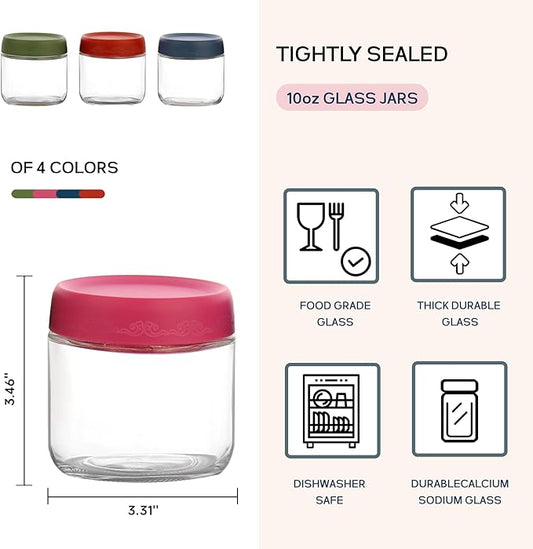 10 OZ Glass Food Jar Storage Containers with Airtight Lids, Reusable Wide Mouth Overnight Oats Glass Mason Jars for Snacks Yogurt Pudding(Multicolor 4pack-1)