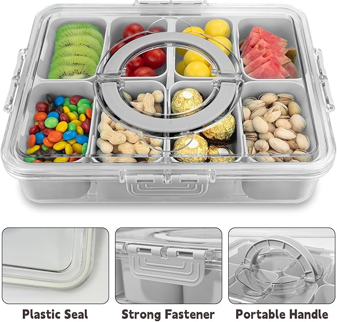 Divided Serving Tray with Lid and Handle,8 Compartments Snacks Box,Snack Fruit and Veggie Tray,Portable Platter for Candy Fruits Nuts Snack Party Entertaining Picnic (1 PCS Grey)