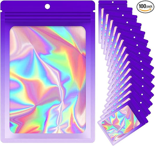 100 Pieces Resealable Mylar Bags, Smell Proof Bags with Clear Window for Food Storage Party Favor Packaging Small Business(Gradient Purple, 6.3×9.4 Inch)