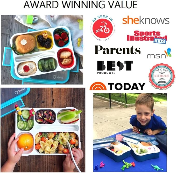 kinsho Bento Lunch Box with 9 Accessories for Kids, Snack Container Set with Food Picks, Silicone Cups, Steel Metal Vegetable Cutter and Utensils.Leakproof Set, BPA Free for Boys Girls Toddlers, Blue