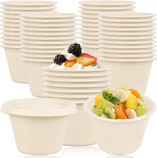 160 Pcs 4 oz Bagasse Fiber Souffle Cups with Lids Natural Disposable Paper Condiment Cups Compostable Portion Cups Sample Bowls for Snack Tasting Salad Dressing Food Storage
