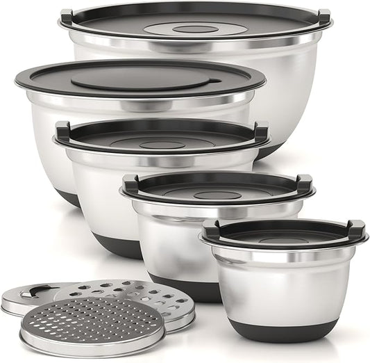 WHYSKO® Stainless Steel Mixing Bowls With Lids Plus Stainless Steel Whisk, Potato Masher and Grater Lids, 5 Nesting Mixing Bowls And Kitchen Tools for Meal Prep, Cooking, Baking, Serving, Food Storage