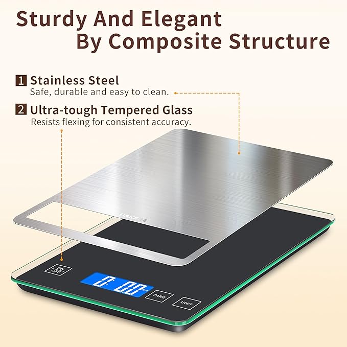 33LB Digital Kitchen Scale with Tempered Glass and Stainless Steel Surface, 1g/0.1oz Food Scale with Backlight Display, AAA Batteries, for Baking, Making Sourdough Bread, Meal Prepping Black