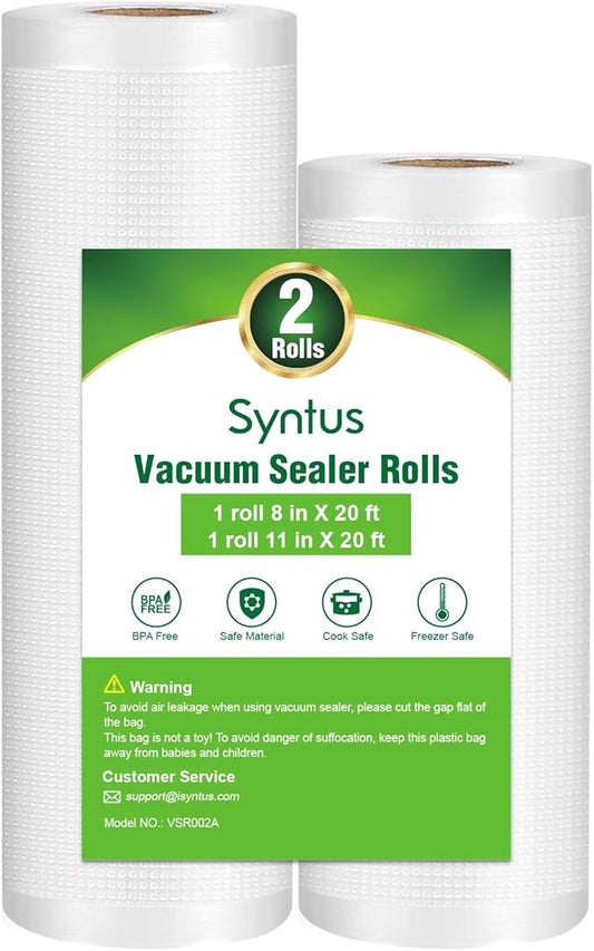 Syntus Vacuum Sealer Bags, 2 Pack 1 Roll 11" x 20' and 1 Roll 8" x 20' Commercial Grade Bag Rolls, Food Vac Bags for Storage, Meal Prep or Sous Vide