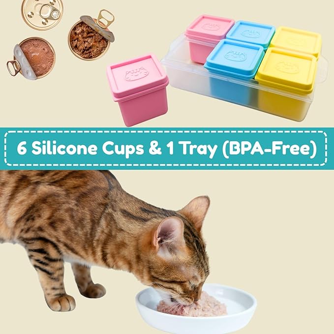 2ME Silicone Pet Food Containers 4Oz each with Scoop - 6 Pack Freezer Safe, Airtight Freshness Lids for Wet Food - Odor-Resistant Dishwasher Trays, Reusable Meal Prep Box to Keep Pet Food Fresh