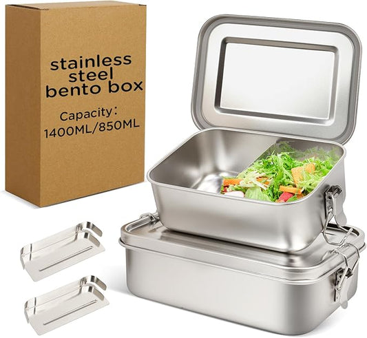 LEEPENK 304 Stainless Steel Lunch Box and Food Containers with Lids 2 Pack 1400/850ml Leak-Proof Adjustable Compartment Metal Bento Box for Travel Work Picnic Adults