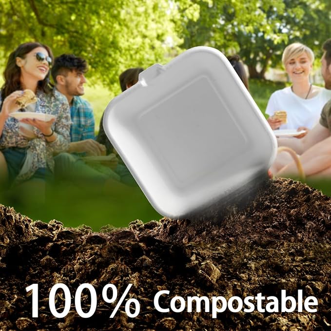 ‌LxinsECO 6X6 Inch Clamshell Containers (75-pack), Disposable Compostable Bagasse Dessert & Sandwiches Boxes, Microwave & Freezer Safe for Restaurants, Picnic, To-Go Meals Out