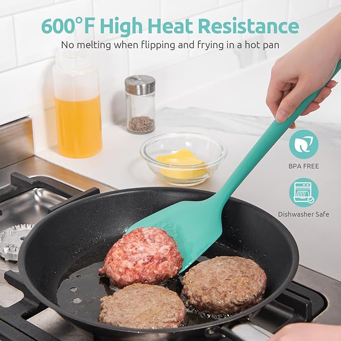 18/8 Stainless Steel Measuring Spoons Set for Dry and Liquid Ingredients (Set of 8), and 600ºF Heat Resistant Silicone Turners, 13.6in Long Solid & Slotted Kitchen Spatula (Aqua Sky)