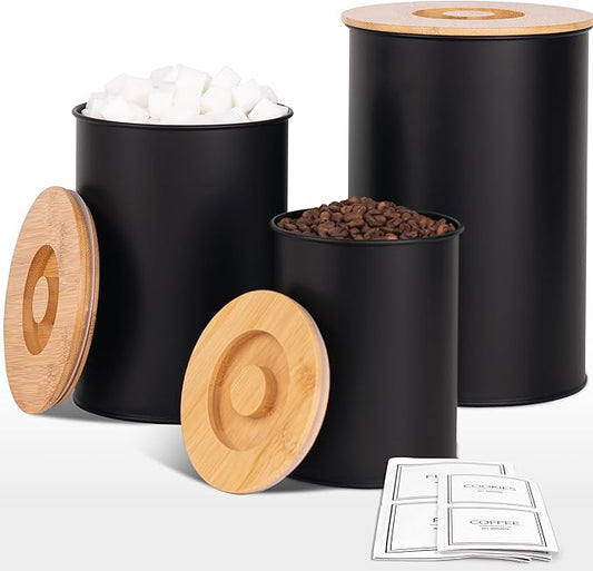Canisters Sets for Kitchen Countertop, Black Metal Kitchen Canisters Set of 3, Flour and Sugar Storage Containers with Airtight Bamboo Lid and Stickers, Coffee and Tea Storage, Farmhouse Decor