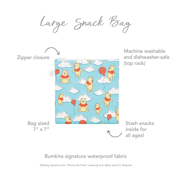 Bumkins Disney Reusable Sandwich and Snack Bags, for Kids School Lunch and for Adults Portion, Washable Fabric, Waterproof Cloth Zip Bag, Travel Pouch, Food-Safe Storage, Large, Winnie the Pooh